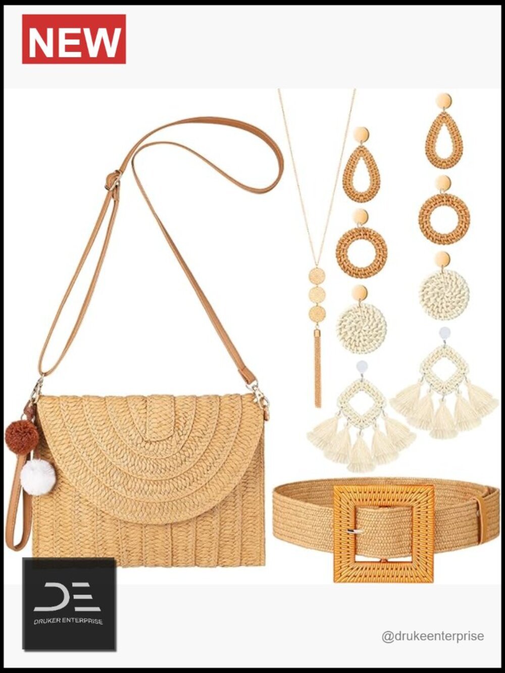 Straw Bag Boho Earring Necklace Set 7 Pcs Beach Accessories